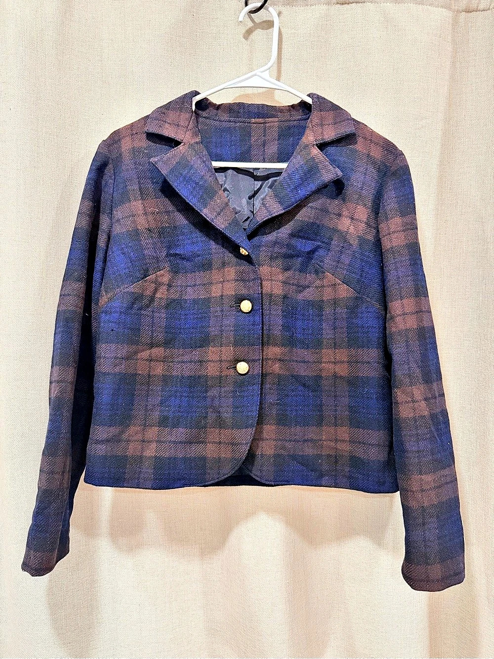Vintage Bobbie Brooks Plaid Blazer Brown Navy Gold Buttons Dark Academia Size M